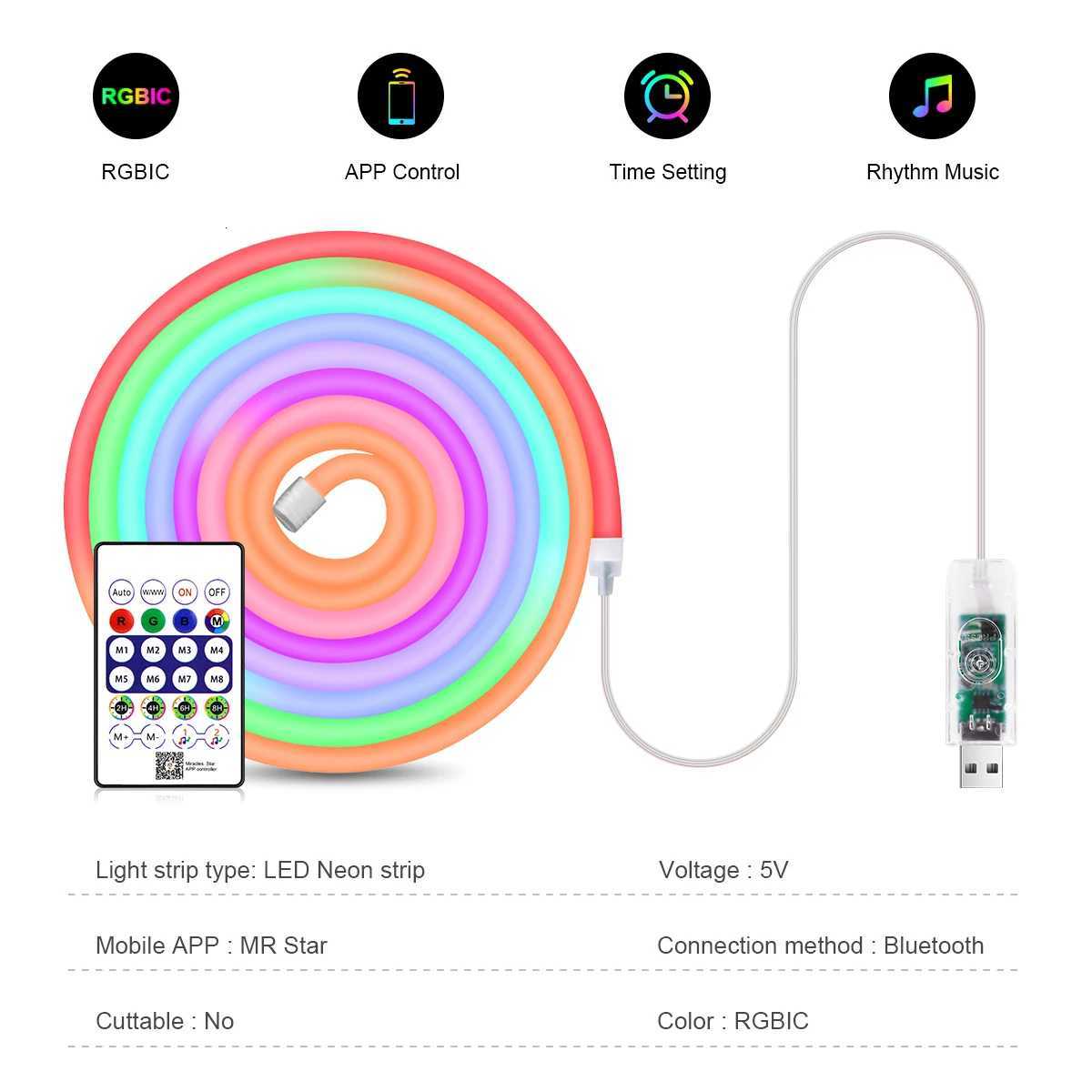 DC5V USB RGBIC Neon LED Strip1M 2M 3M 5M RGBIC Neon Rope Light with Bluetooth App and Remote control For DIY Neon Gaming Deoco W251112