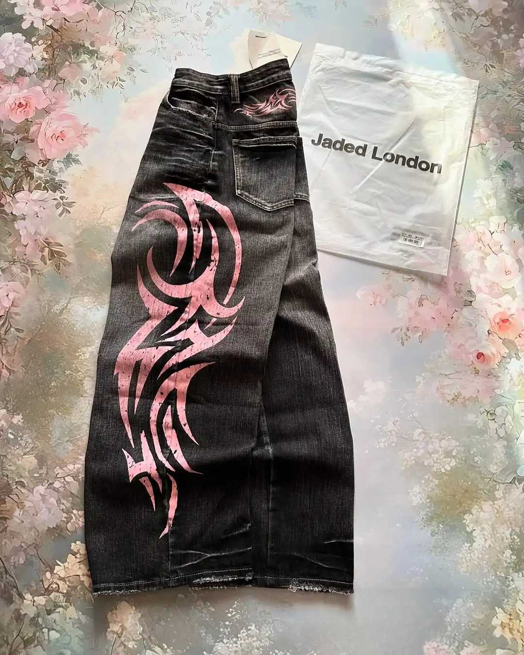 2025 New Fashion Oversized Pink Printed Hole Design Jeans Men High Street Retro Hip Hop Popular Casual High Waist Wide Leg Pants M251113