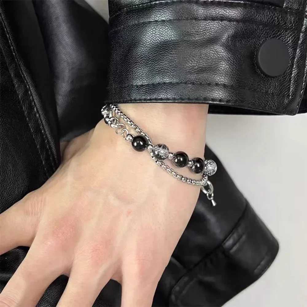 2024 Retro Black Cracking Beads Bracelet for Men Women Stainless Steel Double Layered Chain Fashion Hip-pop Jewelry PulserasC250411