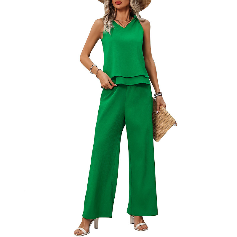 Womens clothing 2025 Spring Festival summer vacation style temperament double-layer vest wide leg pants set