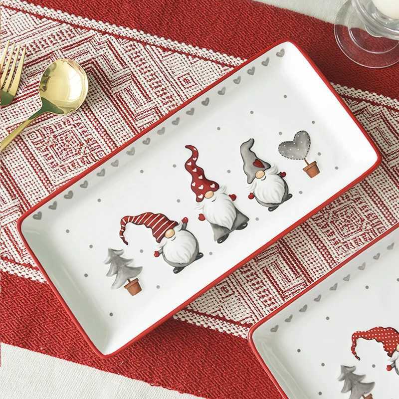 Christmas Christmas Ceramic Rectangular Plate Santa Relief Pattern Kitchen Household Tableware Shallow Plate Creative Western Steak Plate Y251113