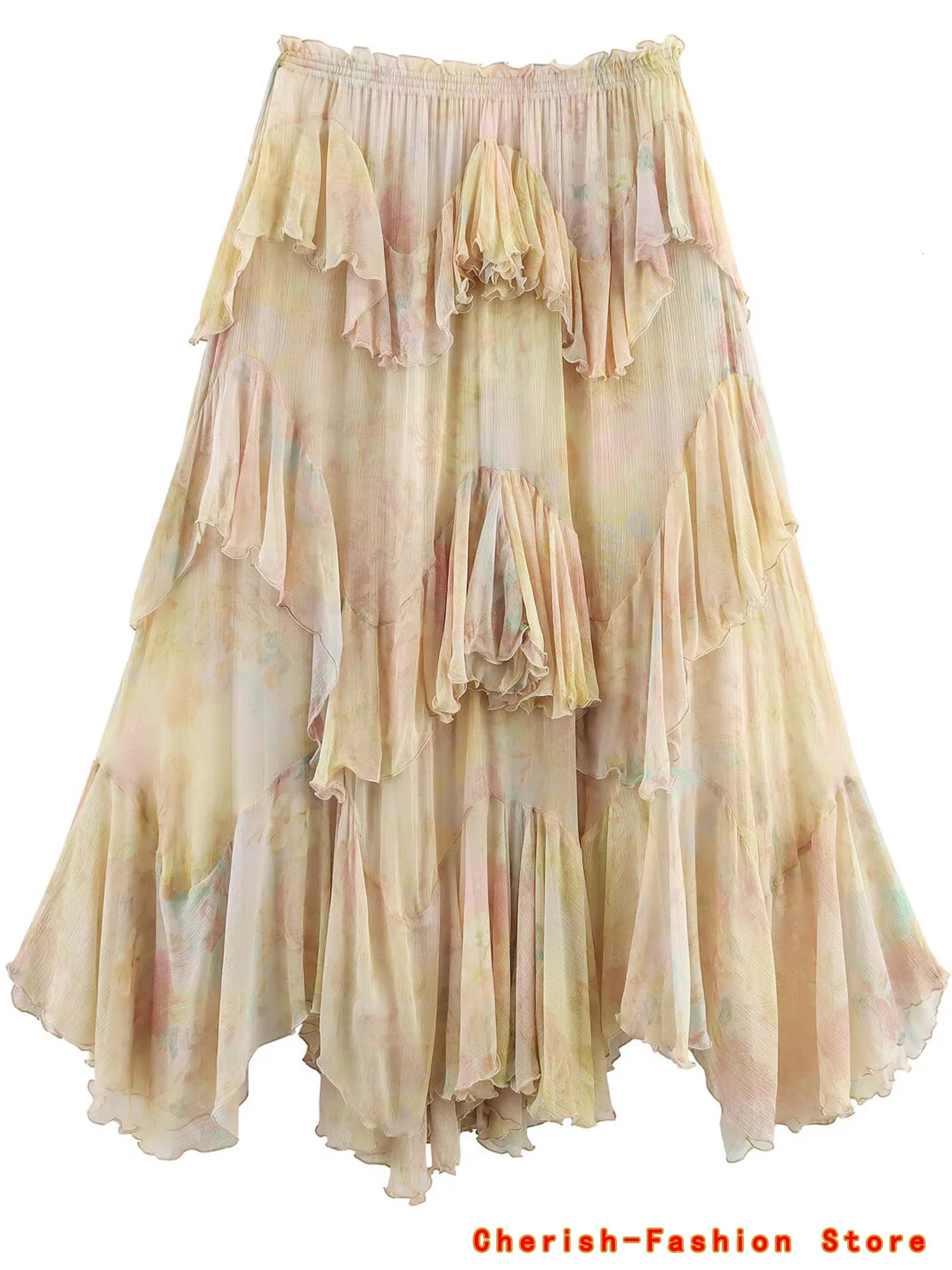 French Style Floral Lace A- Line Skirt Spring Autumn Womens Style Ruffled Skirt Printed Half-length Skirt Polyester Fibe 251112
