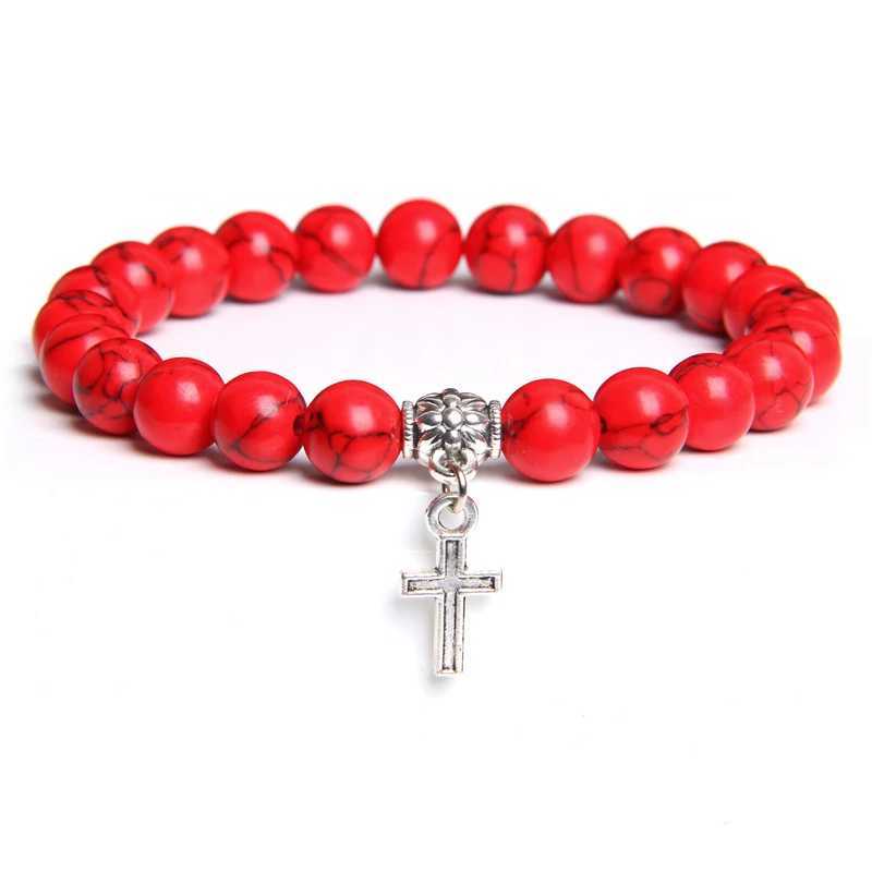 Trendy Men Beads Bracelet Slivers Color Cross Pendant Bracelet Natural Stone Bracelets Charm for Women Healing Prayer JewelryC250411