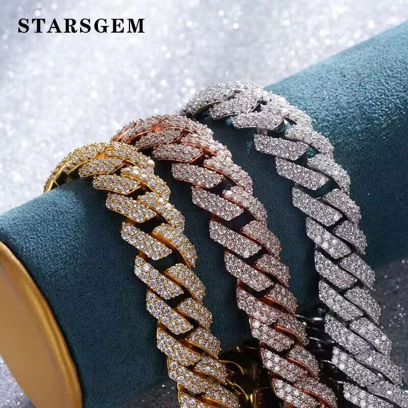 Wholesale Price Starsgem DEF VVS Round Brilliant Cut Loose Gemstones Moissanite Diamond Full Setting S925 Silver Cuban Bracelet