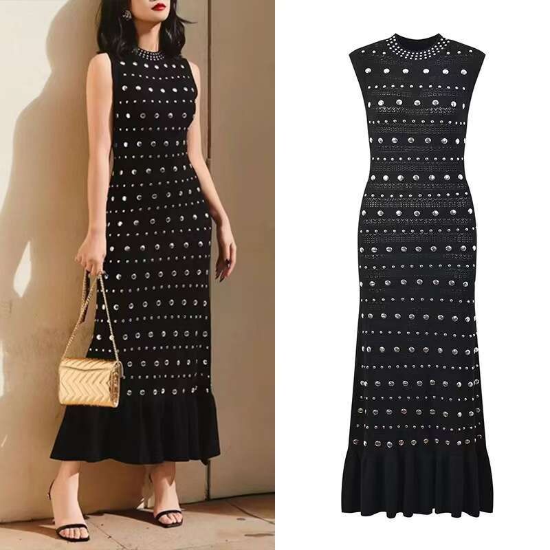Designer French Heavy Industry Rivet Round Neck Sleeveless Black Knitted Long Dress Women 2025 Spring