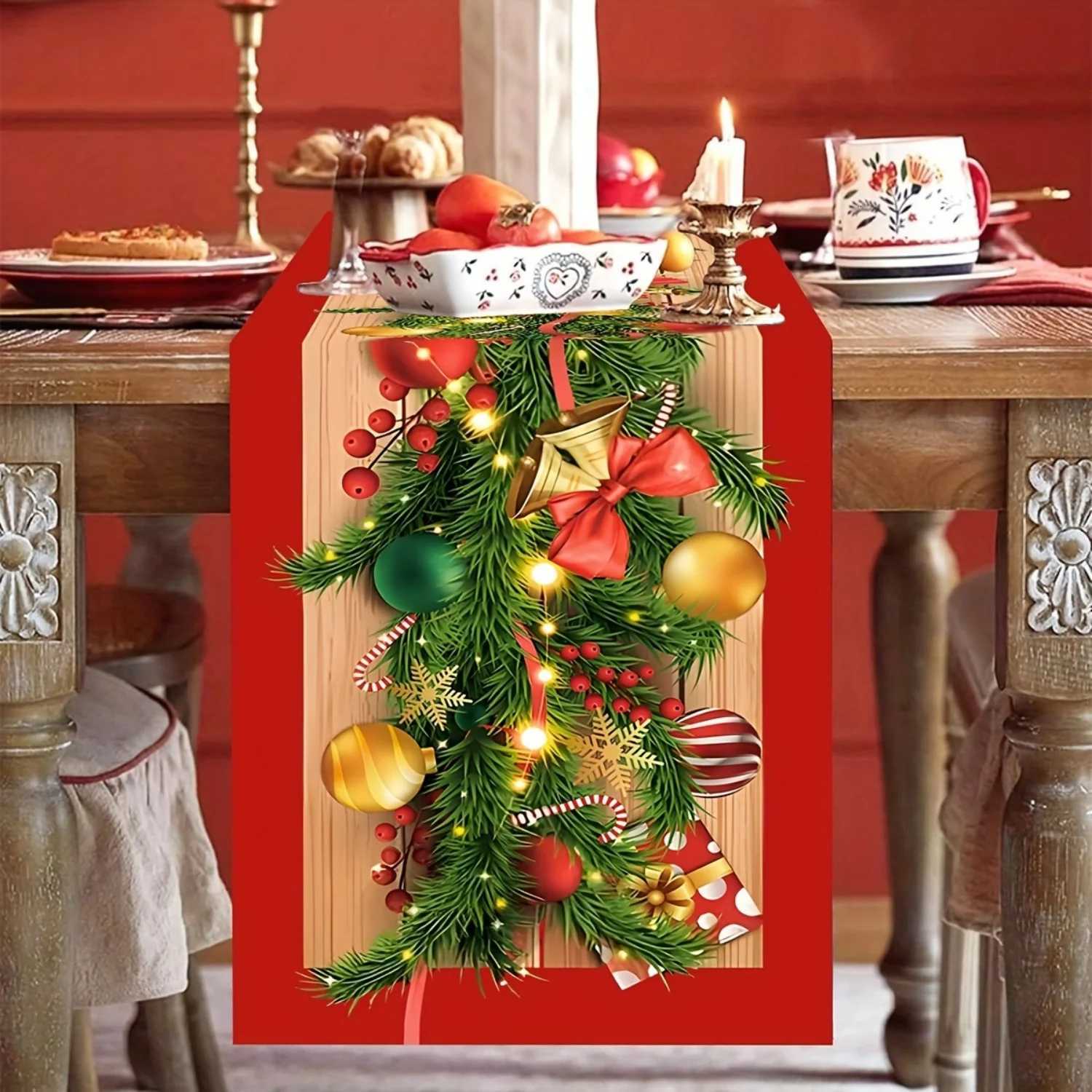 Christmas 1pc Merry Christmas Table Runner with Flower Vine Bow Design Polyester Xmas Table Flag Cover Christmas Decorations Y251113