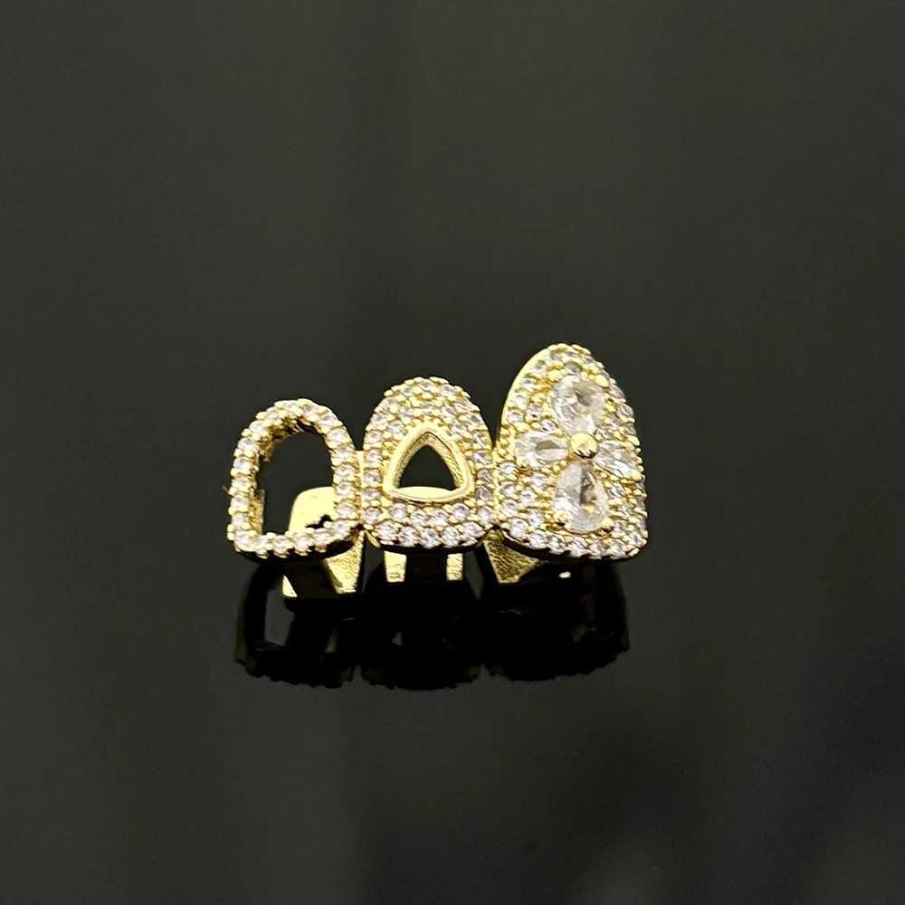 Rachelz Retro Three Hollow Full CZ Stone Tooth Hat Mens Fashion Flower Zircon Charm Tooth Grill Jewelry Role PlayXJ250412
