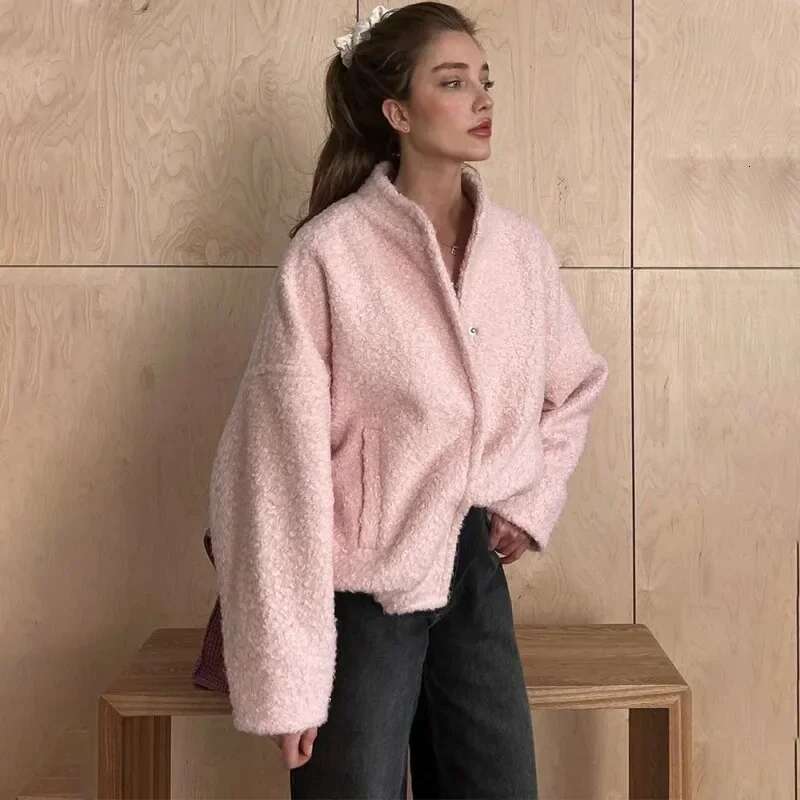 Designer Clothes Talenza Women's Pink Short Fur Autumn Loose Fashion Long Sleeve Top Casual Stand Collar Pocket Button Warm Jacket