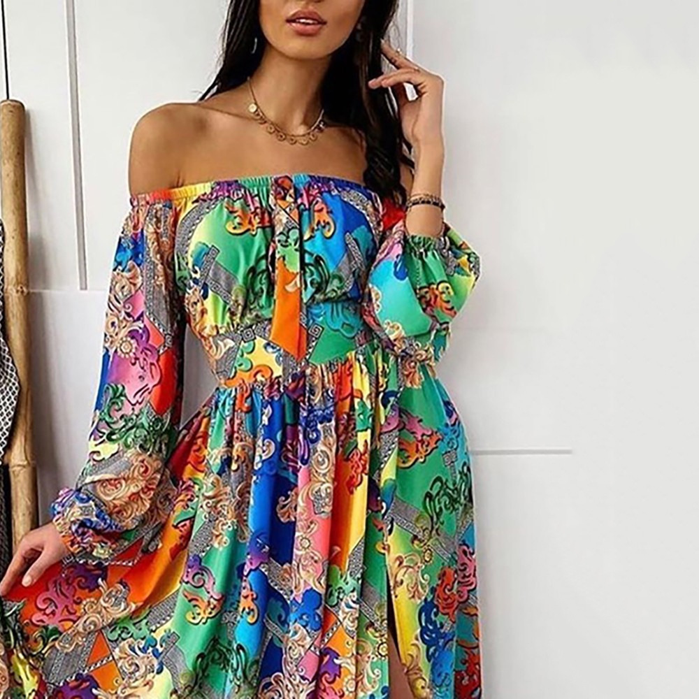 2025 Summer Evening Dress Printed Dress One Shoulder Hooded Long Sleeve Swing Open Skirt
