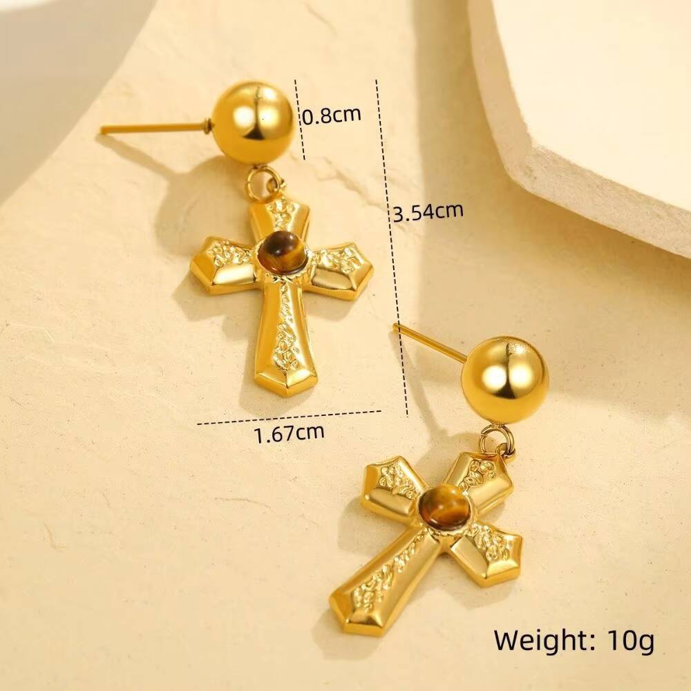 Europe United States Cross Earrings with Stainless Steel Natural Stone Diamond Main Stone Advanced Design Cross-Border Wholesale