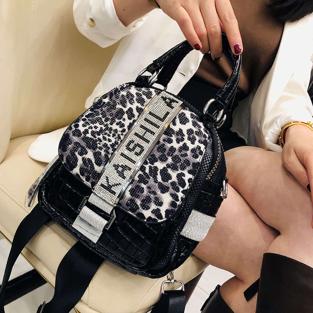Backpack leopard print diamond inlaid small backpack for women new fashion trend soft leather handbag casual crossbody bag
