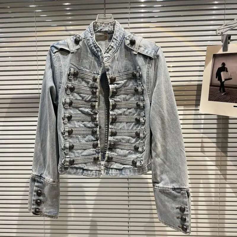 Designer Clothes Retro Military Style Handsome Stand Collar Female Double-Breasted Old Wild Slim Short Denim Jackets Outerwear