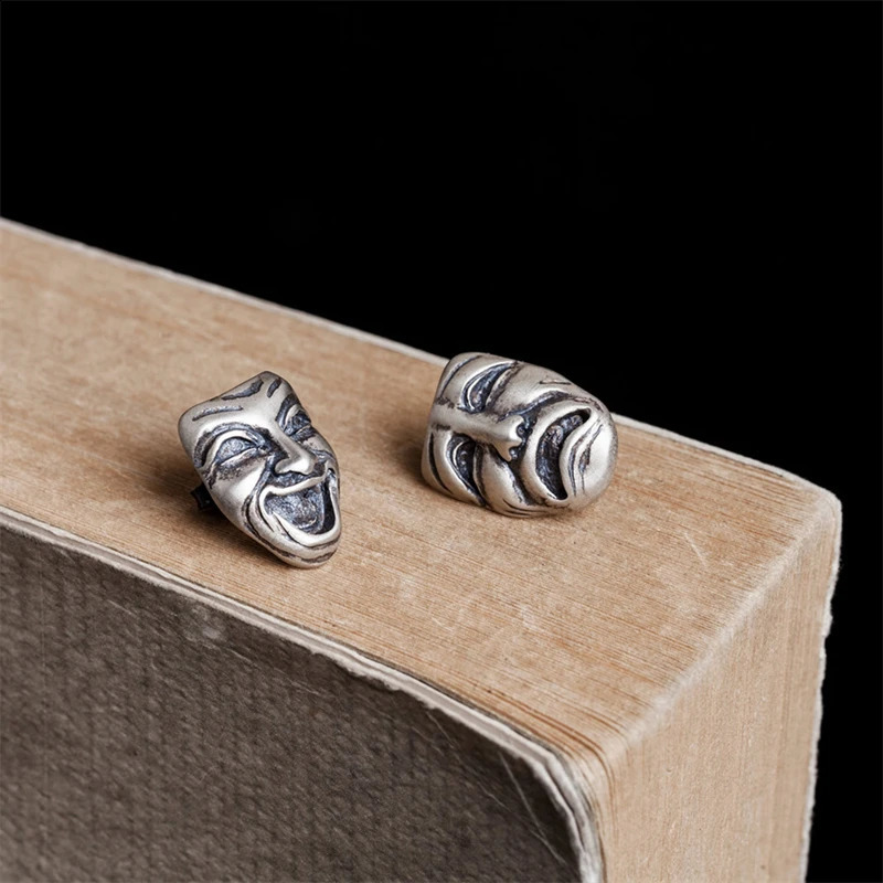 YIZIZAI 925 Sterling Silver Creative Mask Man Stud Earrings Punk Street Style Smile Crying Face Earrings For Men Women Jewelry 250411