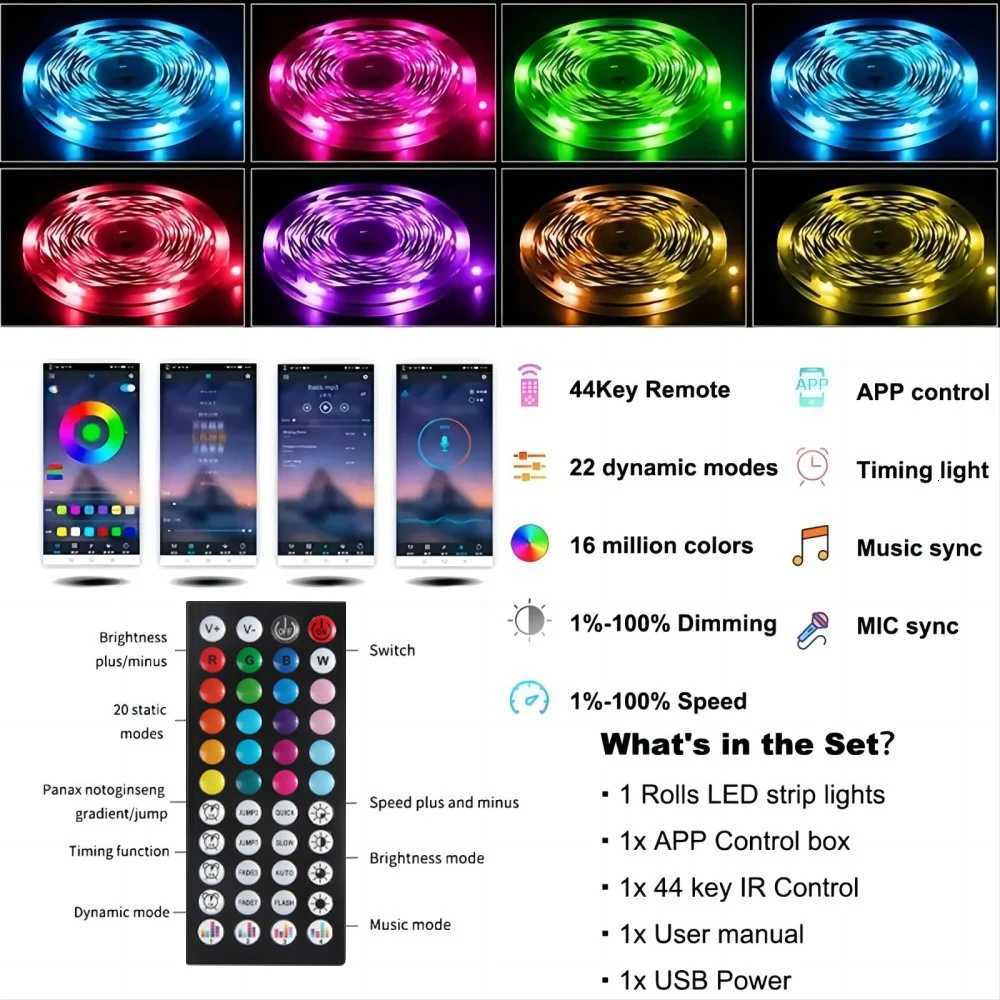 1-30M Led Strip Lights Bluetooth APP Control With 44Key Remote RGB Music Sync TV LED Backlight for Room Party Decoration W251112