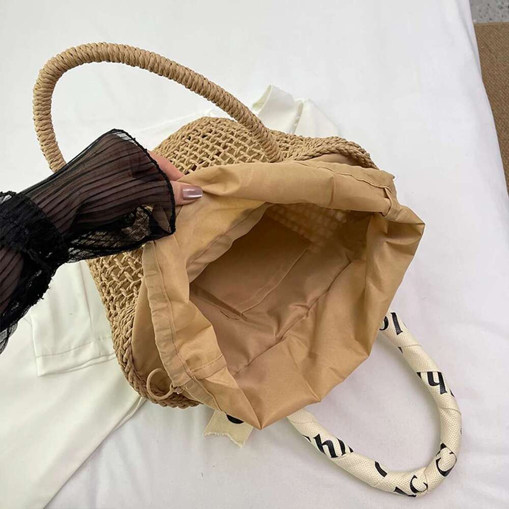 Handmade Beach Bag Womens Large Straw Tote Bag Braided Raffia Handbag Letter Ribbon Accent Drawstring Lightweight Spacious For Beach Vacation Kq1