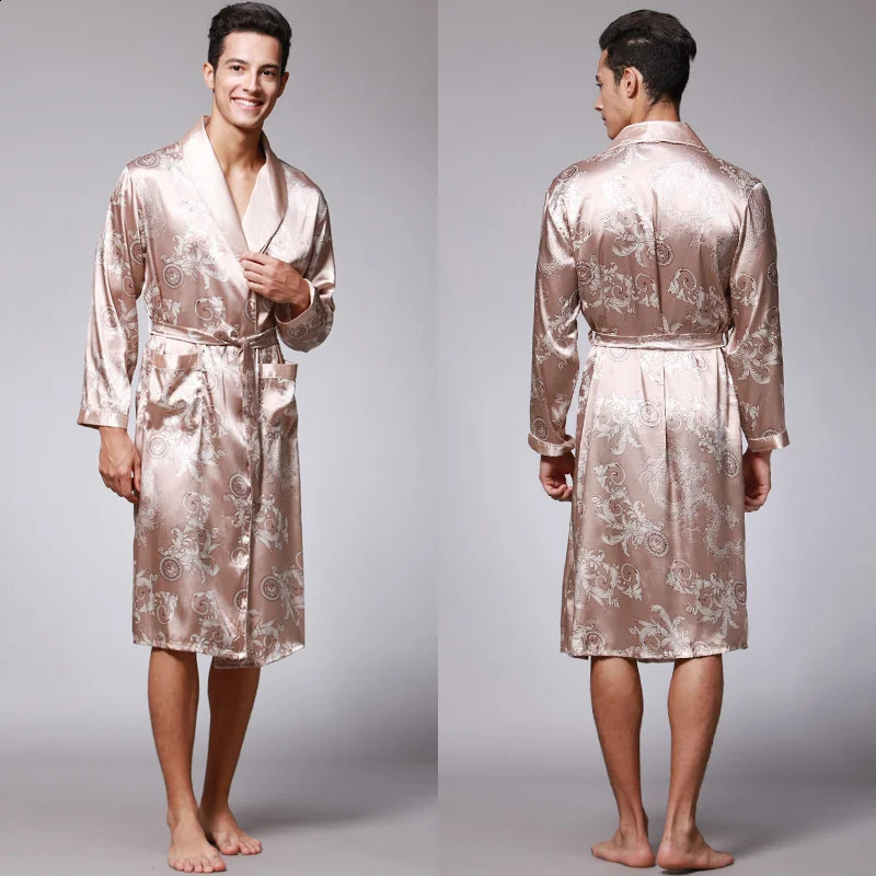Men Summer Autumn Kimono Bath Robe Silk Satin Golden Dragon Long Bathrobe Dressing Gown Knee Length Black Sleepwear 250409