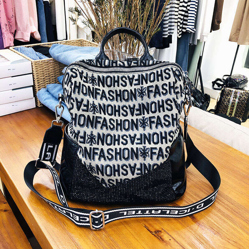 Backpack 17-43 Kuerduo Canvas Backpack for Women Alphabet Embroidered Hot Diamond Commuter Backpack, Niche Travel Bag