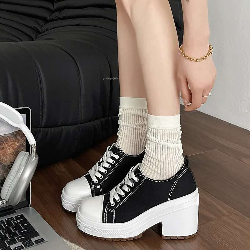 2024 New Women's Designer High Heels Outdoor Round Toe Lace-up Increase Thick Sole Casual Fashion White Shoes