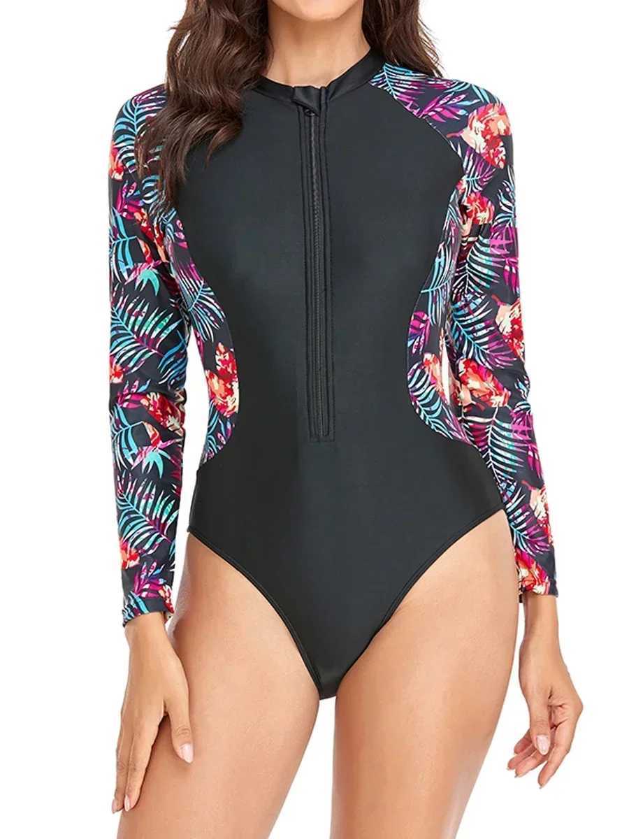 Surf Long Sleeve Swimsuit 2025 Rash Guard Swimwear Women Zipper One Piece Diving Clothes Leaves Printed Bathing Swimming SuitW251113
