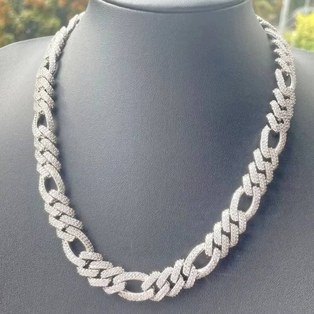 Hip Hop Jewelry Iced Out Prong Setting 13mm Silver VVS Moissanite Cuban Figaro Link Chain