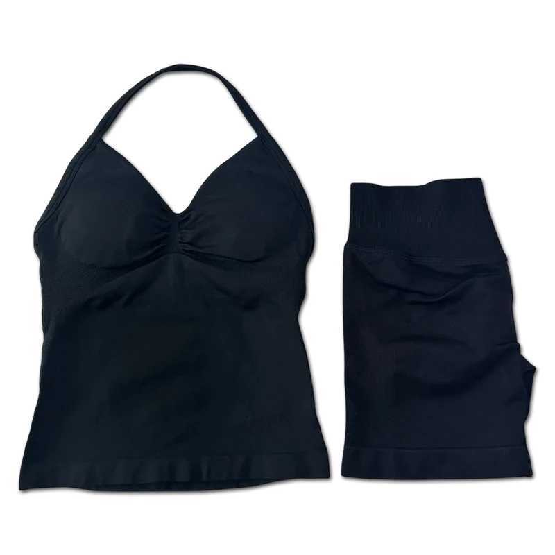 2pcs Impact Gym Set Womens Backless Tank Top High Waist Threaded Seamless Shorts Gym Set Y250412