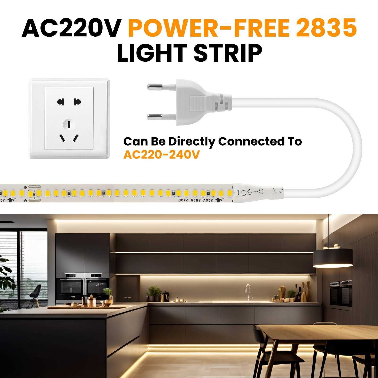 220V 2835 Adhesive Led Strip Light EU Plug 5M 10M 15M 20M IP44 240LEDs/m High Brightness Lamp Strip For Bedroom Kitchen Lighting M251113