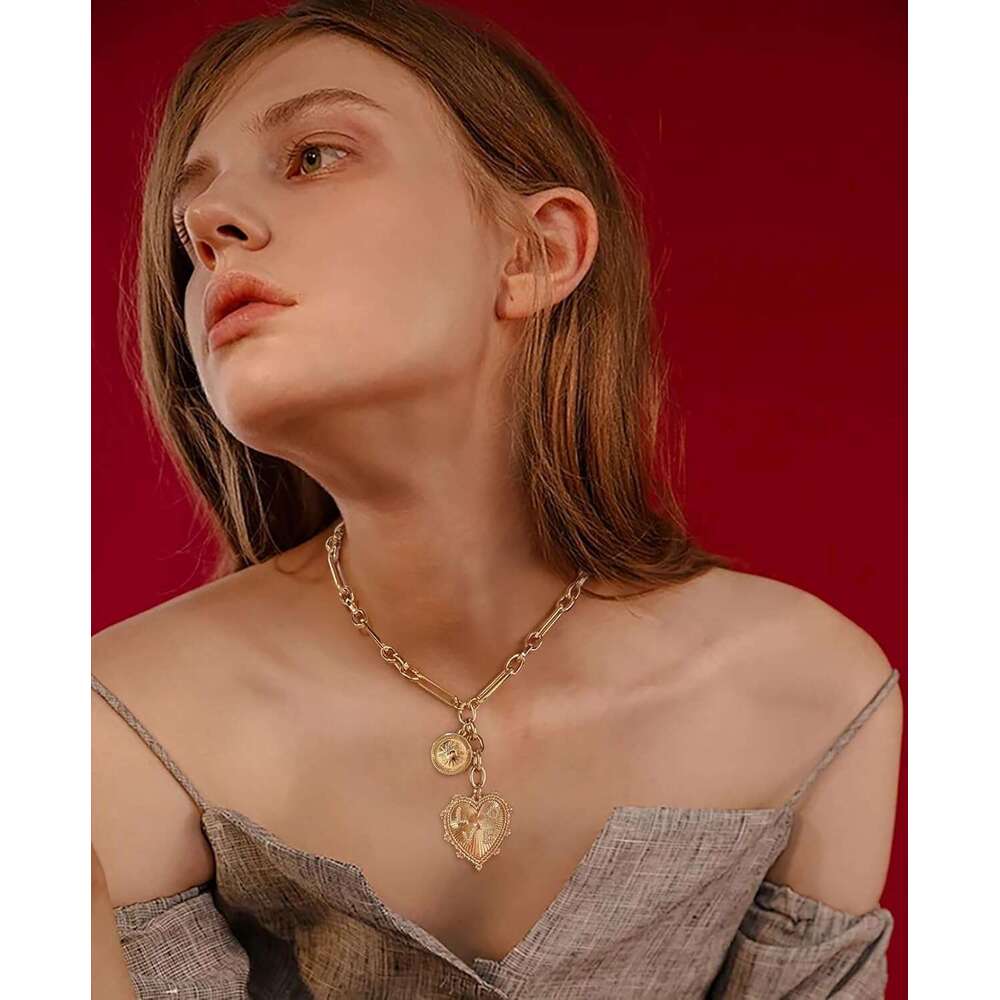 18K Gold Plated Coin Lion Head Pendant Chunky Paperclip Choker Necklace Gifts On Birthday Holidays For Women