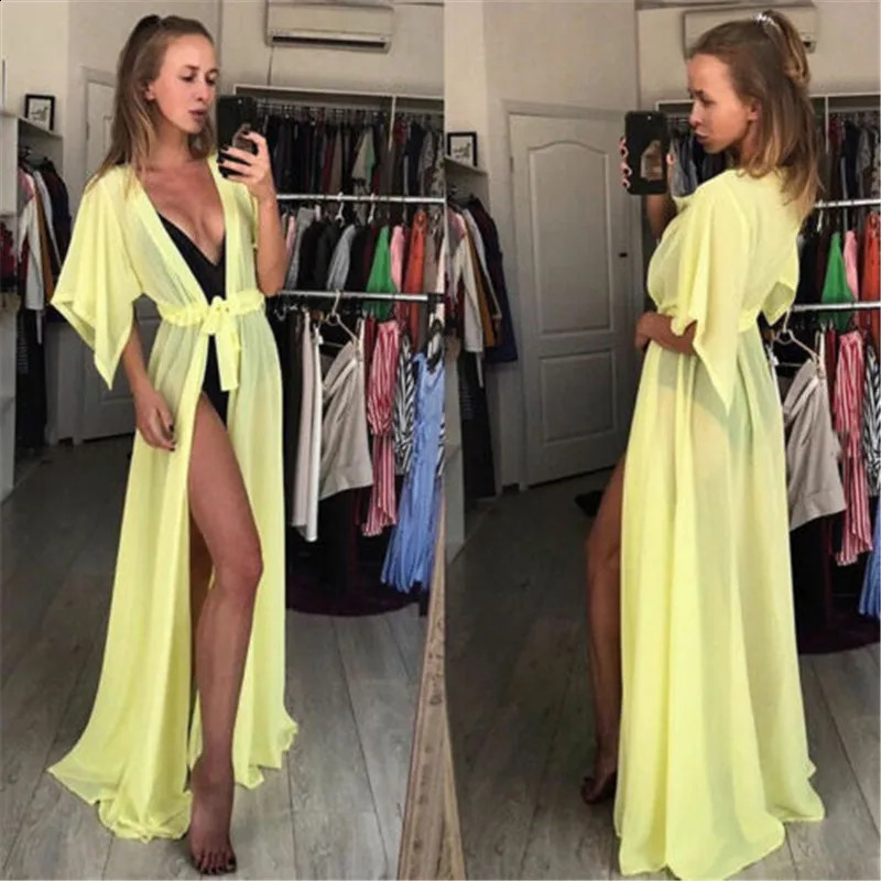 Summer Lady Beach Cover Up Sexy Bikini 2024 Chiffon Long Dress For Women Solid Beach Dress Women Bathing Suit Beach Tunic Kaftan 250409