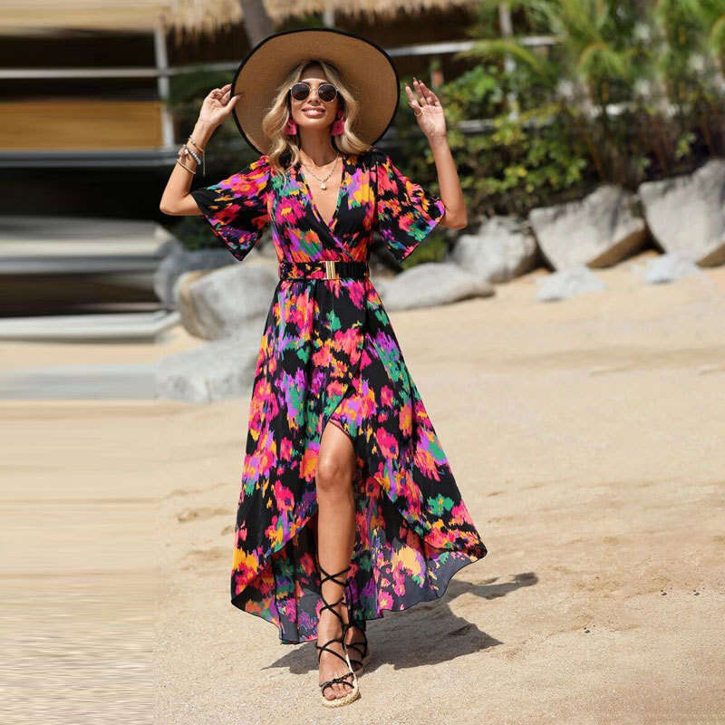 2025 Summer Bohemian V-Neck Strap Elastic Waist Irregular Dress Long