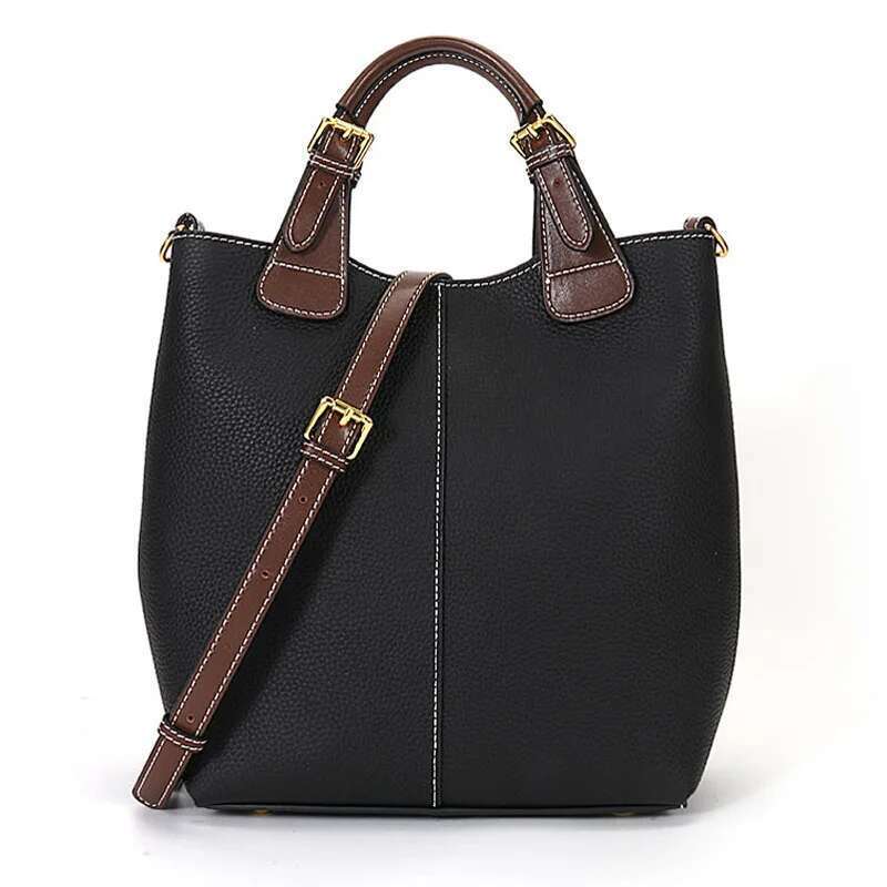 Vintage Black Gray Large Bucket First Layer Cow Leather Women Handbag High Quality Panelled Handle Tote Ladies Shoulder Bag