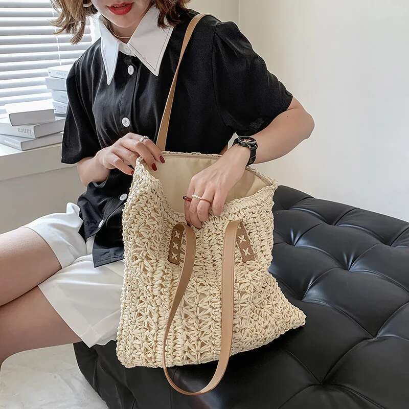Handmade Beach Bag Square Hollow Straw Beach Handmade Woven Shoulder Raffia Rattan Shopping Travel Bag Bohemian Summer Vacation Casual Tote Kq1
