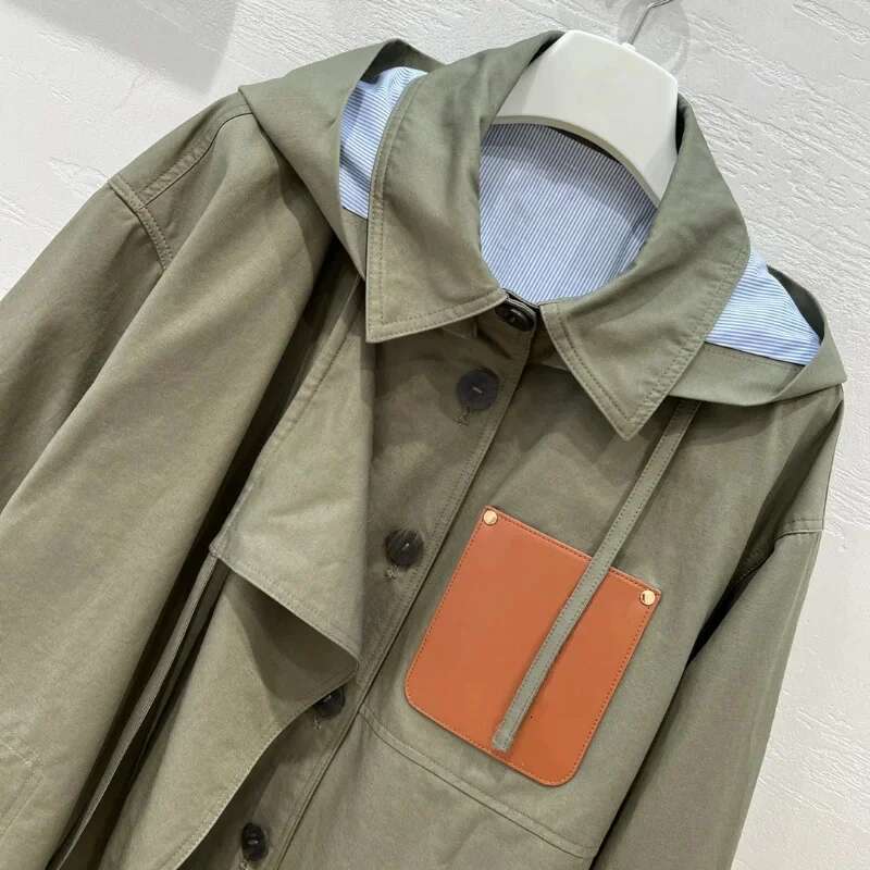 Autumn Winter Fashion Trench Leather Label Letter Hooded Windbreaker Woman Loose Jacket Windproof Coat Ladies Outderwear