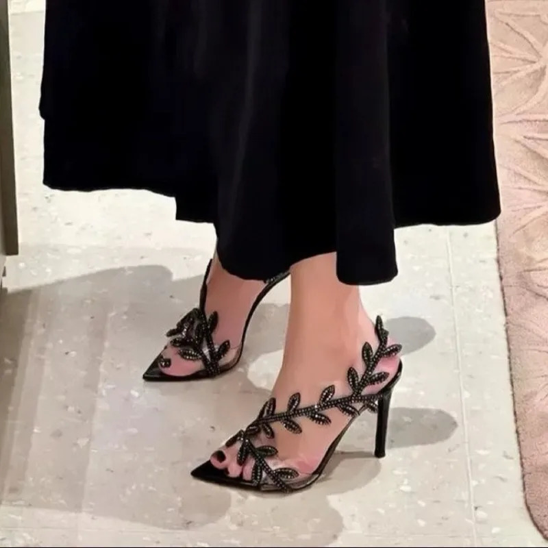 New Summer Women High-heeled Sandals Pointed Rhinestone Leaf Stiletto Sandals Temperament Fashion High Heels Shoes for Women R251113