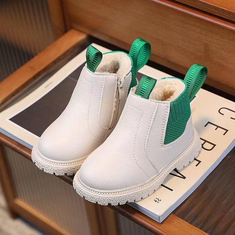Toddler Winter New Kids Thick Plush Warm Boots Side Zipper PU Leather Waterproof Children Snow Boots Boys Girls Non-slip Plush Cotton Shoes Sizes 21-3