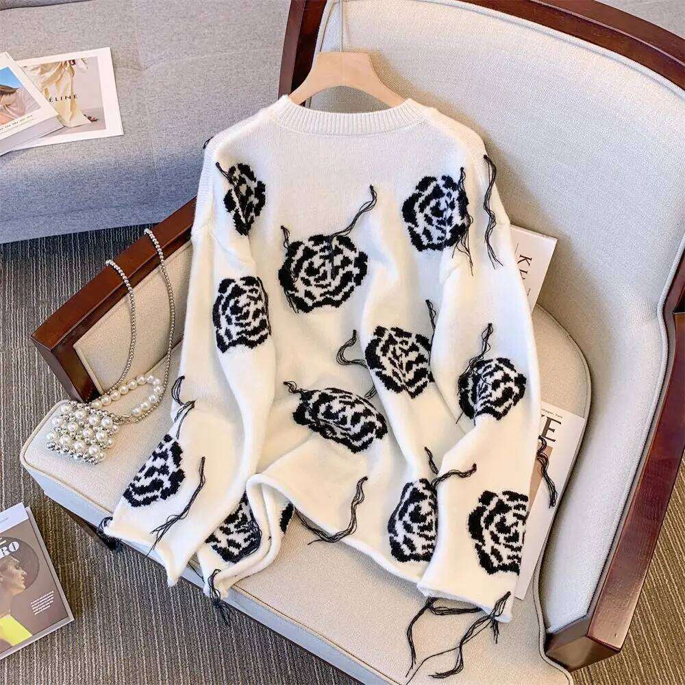 Temperament Loose Tassel Sweater Autumn Korean All-Match Knitting Pullovers Female Casual Printing Jacquard Warm Trend Top Tee