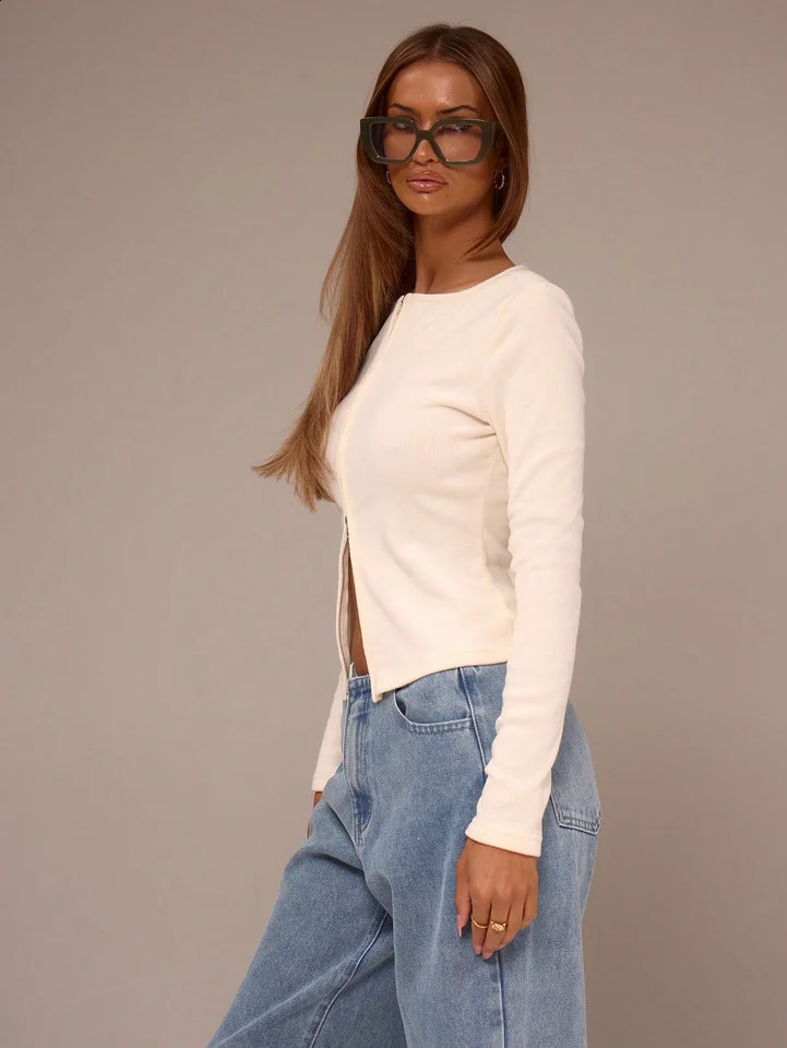 Spring and summer womens casual slim zipper style long sleeved Tshirt 250407