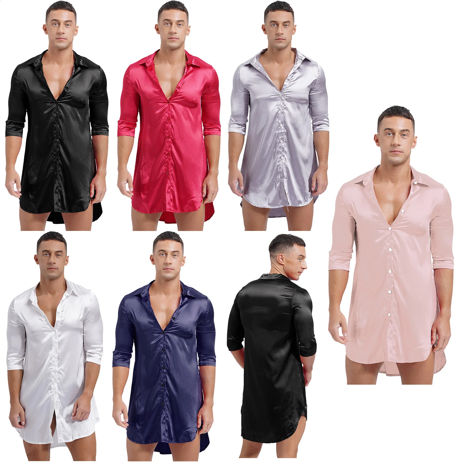 Mens Womens Satin Nightshirt Nightgown V Neck Half Sleeve Sleepwear Nightclothes Glossy Loose Night Robe Homewear Nightwear250403