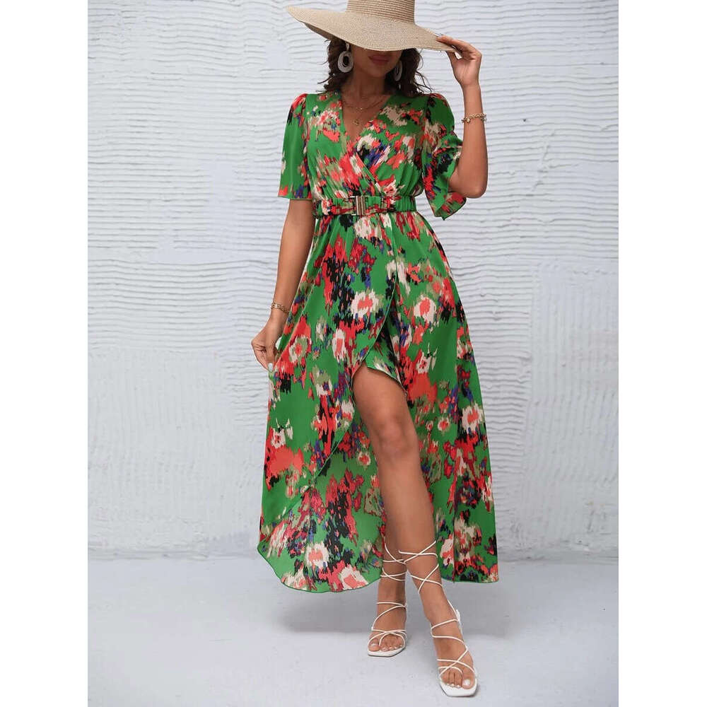 2025 Summer Bohemian V-Neck Strap Elastic Waist Irregular Dress Long