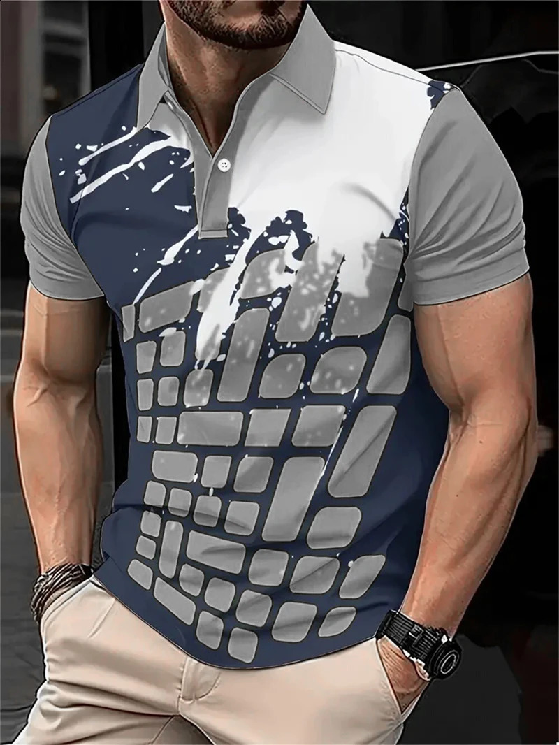 Mens fashion flat graphic polo shirt summer short sleeved 3D printed street flower mens casual top 250409