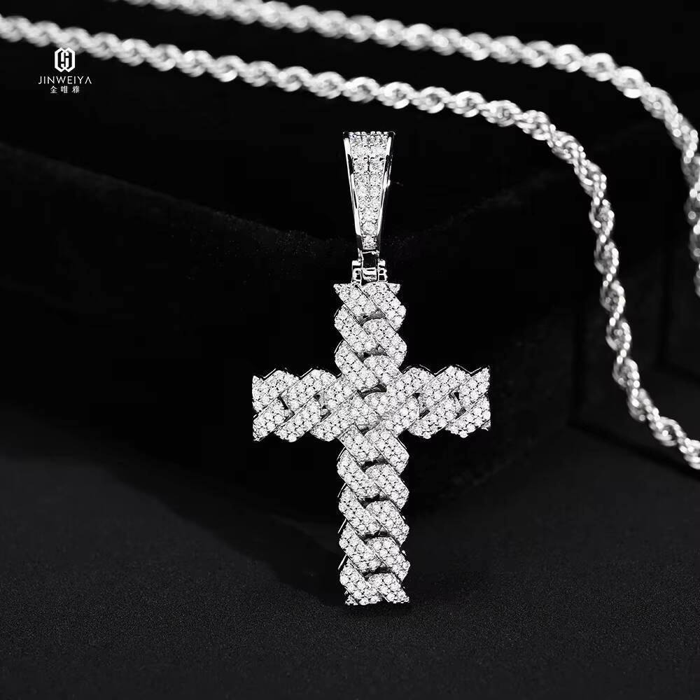 Wholesale Hip-hop Shiny Cross Cuban Necklace Pendant 925 Sterling Silver Rhodium Plated Iced-out VVS Moissanite Jewelry