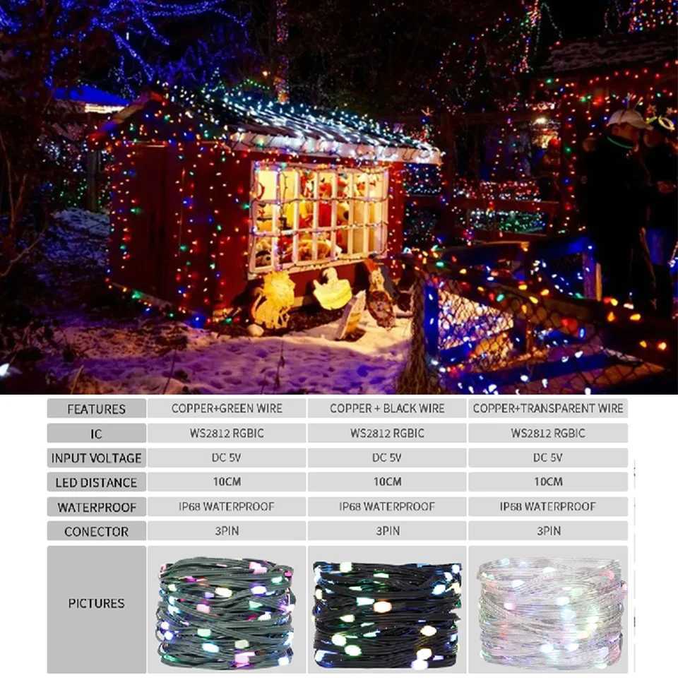 WS2812B RGBIC LED String 5M-20M Party Christmas Lights Dream Color WS2812 Addressable Individually String Outdoor Waterproof 5V W251112