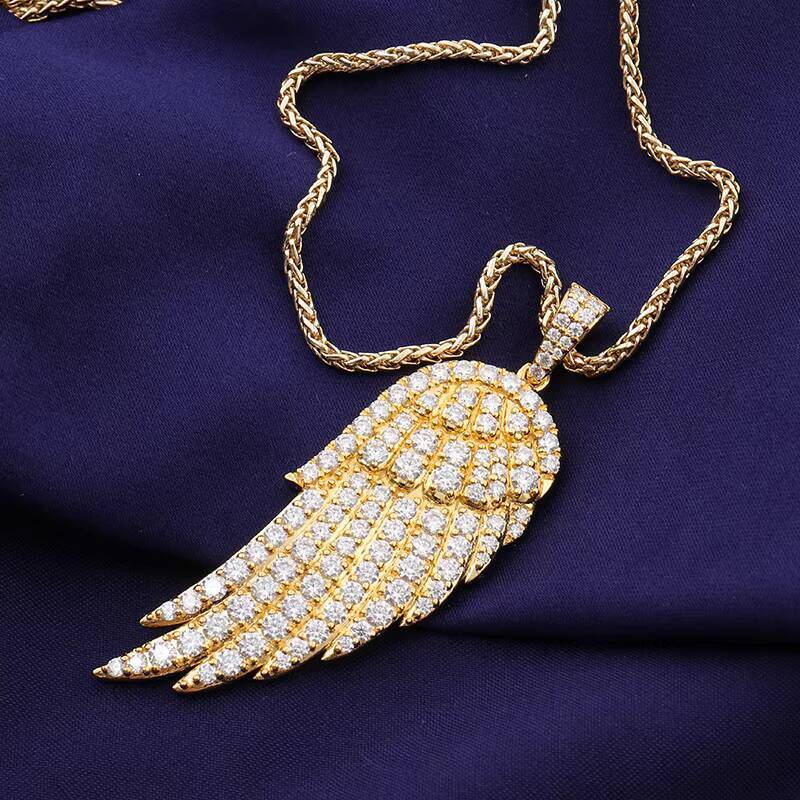 Custom 14k Yellow Gold Hip Hop Jewelry Feather Neck Pendant Round Brilliant Cut Moissanite Stone 925 Silver 10k 18k Gold Pendant