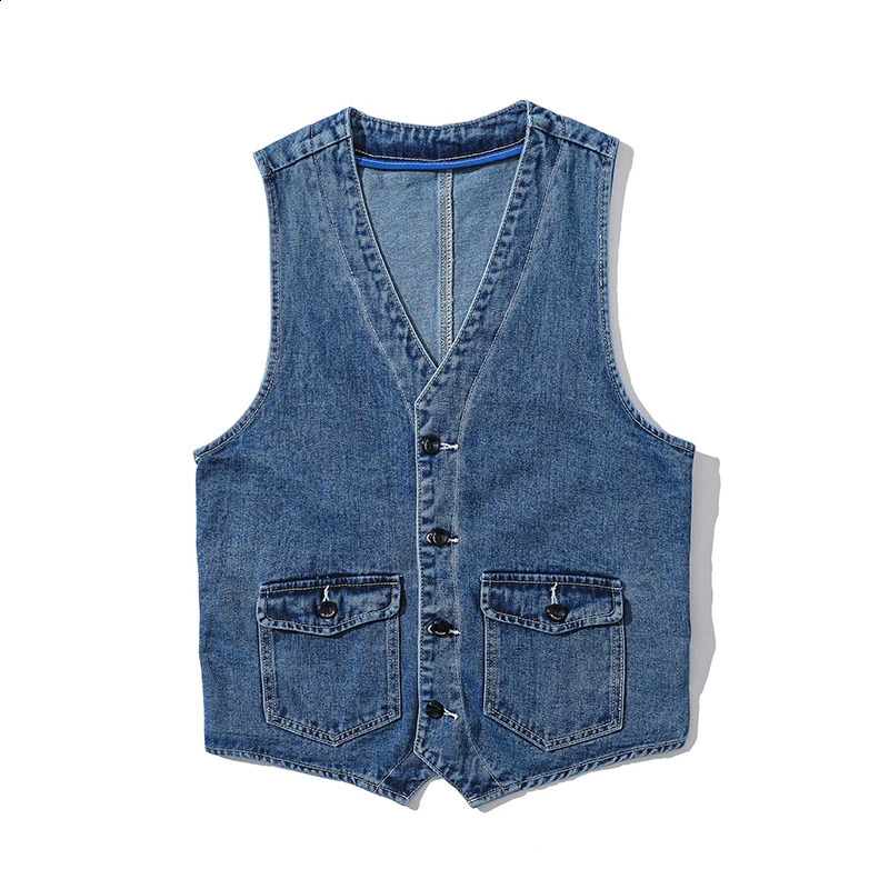 Denim Vest Mens Jacket Spring Autumn Jeans Jacket V-neck Korean Vest Loose Casual Fashion All-match Style Male Clothing 250409