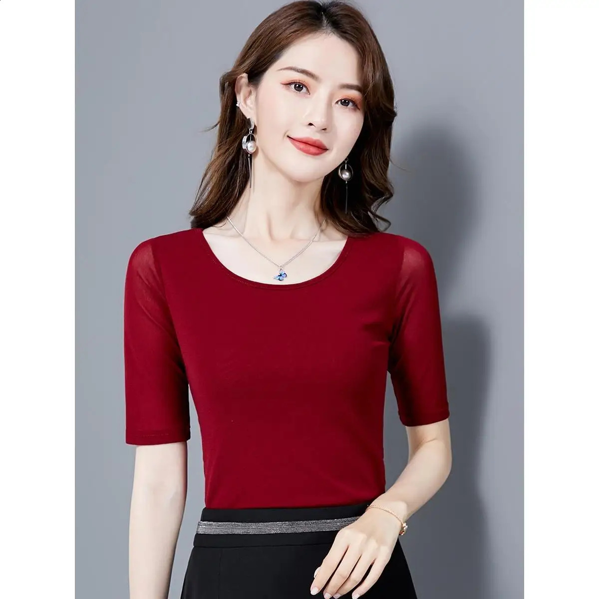 Summer Fashion Network Womens Short sleeved Tshirt Thin Gauze Dress Slim fit Small Top 250407