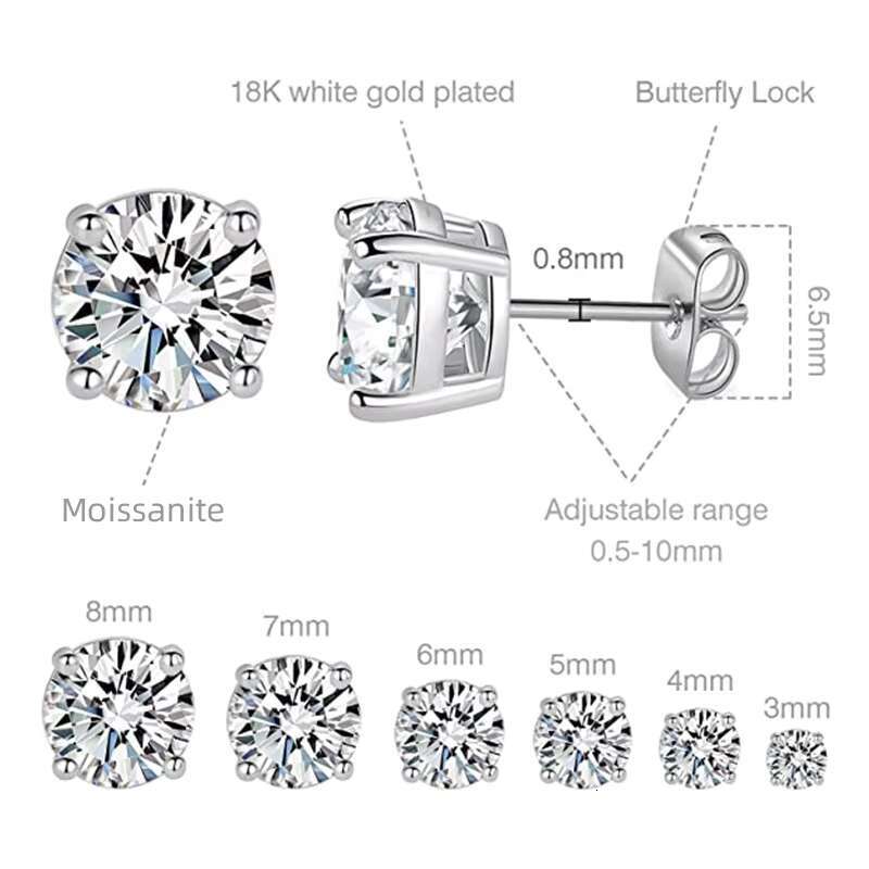 High Quality Sterling Silver 18K Gold Plated studded Earrings Round Moissanite Iced Out Fashion Hiphop Stud Earring Set for Men