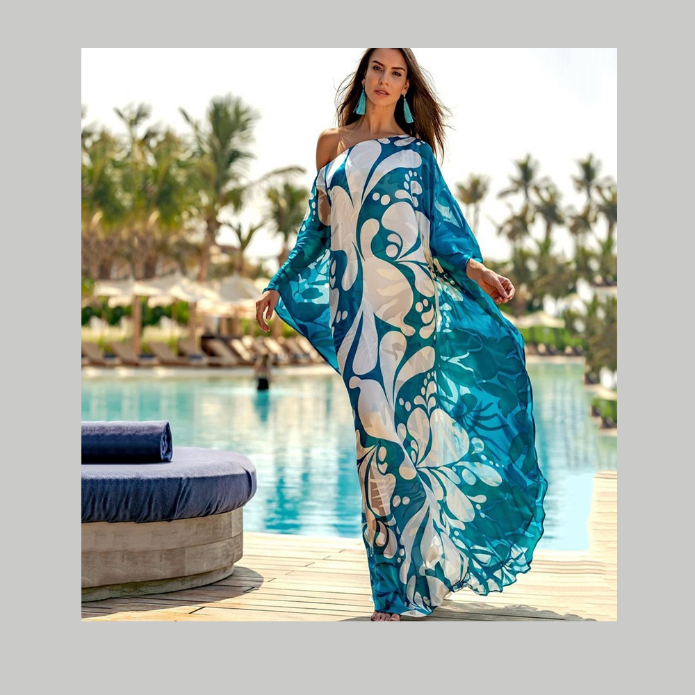 2025 New Spring/summer Womens Dress Bohemian Dress Printed Wide Truffle Shoulder Long Skirt