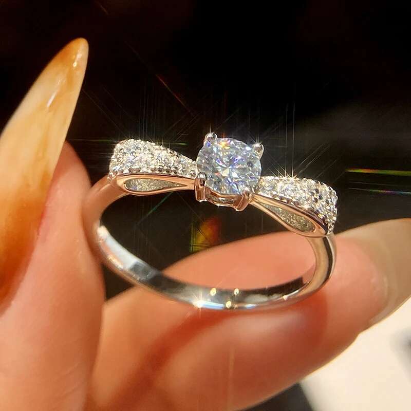 GRA 0.5CT Luxury Moissanite Elegant Wedding Bow Knot Rings for Women 925 Sterling Silver Brilliant Diamond Bridal Fine Jewelry