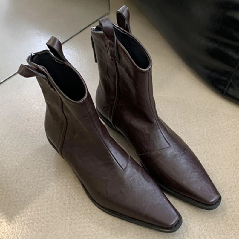 Western Cowboy Boots For Women Retro Sewing All-matching Lnight Boots Mid Heel Leather Pointed Toe Female Shoes Chelsea Boots 250411