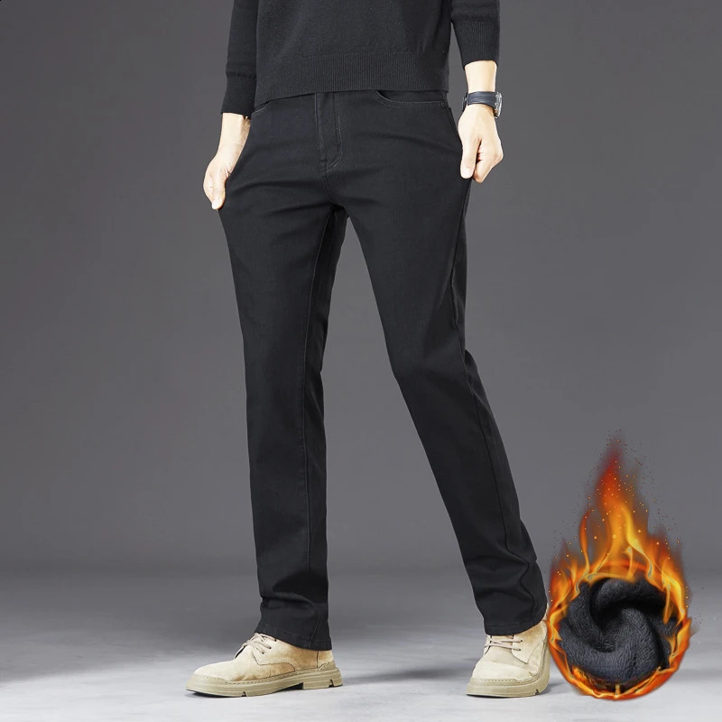 Mens denim pants wool thick winter stretch mens jeans long legs leggings 115cm 190cm black 250407