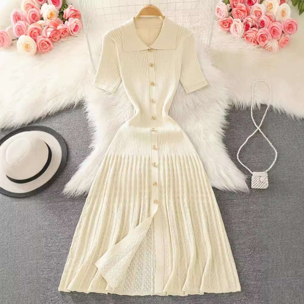 Designer 2025 Summer French Socialite Spicy Girl Style Doll Collar X-Shaped Solid Color Medium Long Slit Knitted Fabric Dress